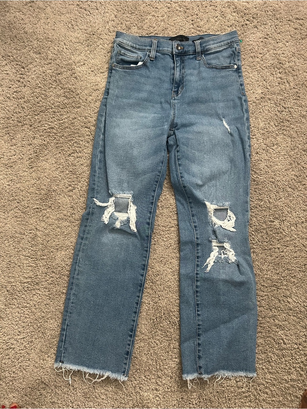 Kendall +Kylie Women’s High Rise Straight Leg Jeans Medium Wash Blue Distressed